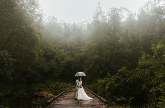 Bride and groom Ella and Jack embracing during their intimate Wildwood Kangaroo Valley elopement surrounded by dramatic natural scenery and soft golden light.